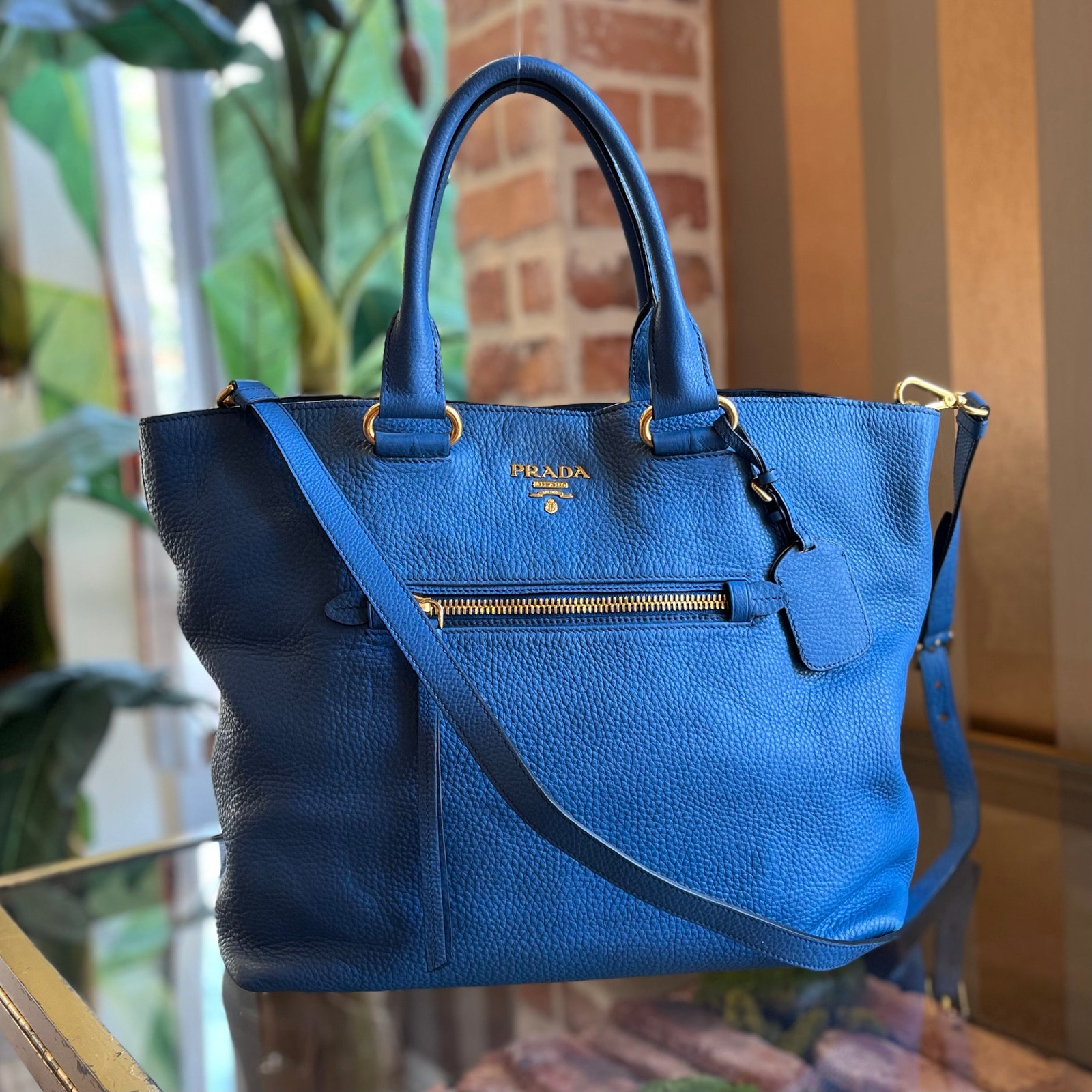 Prada Blue Vitello Daino Leather Tote